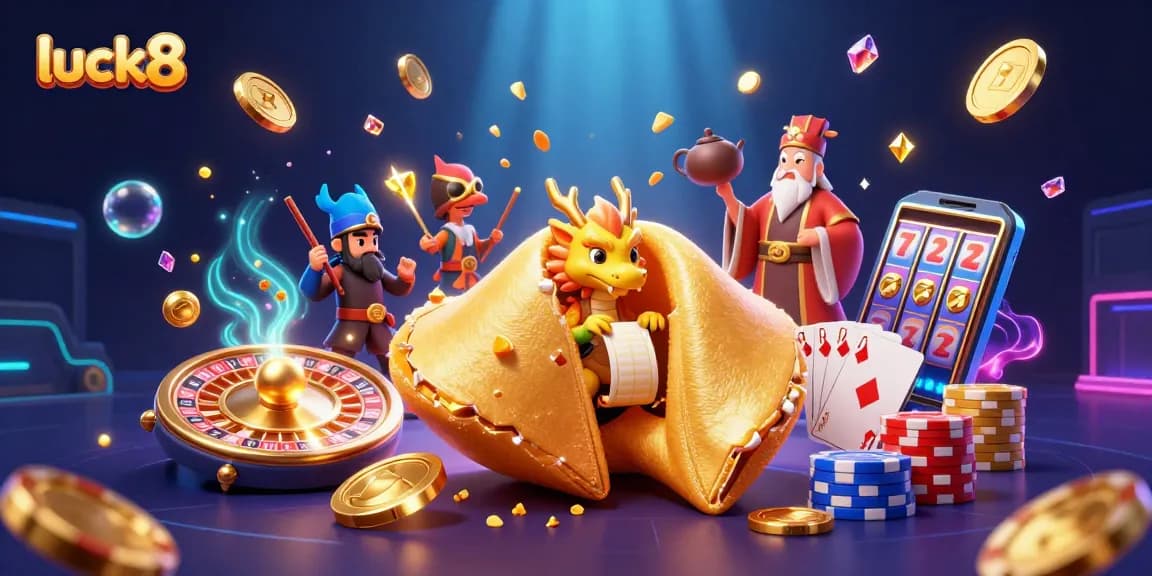 Experience luck8's vibrant gaming world with a golden fortune cookie, wise dragon, and gaming treasures.