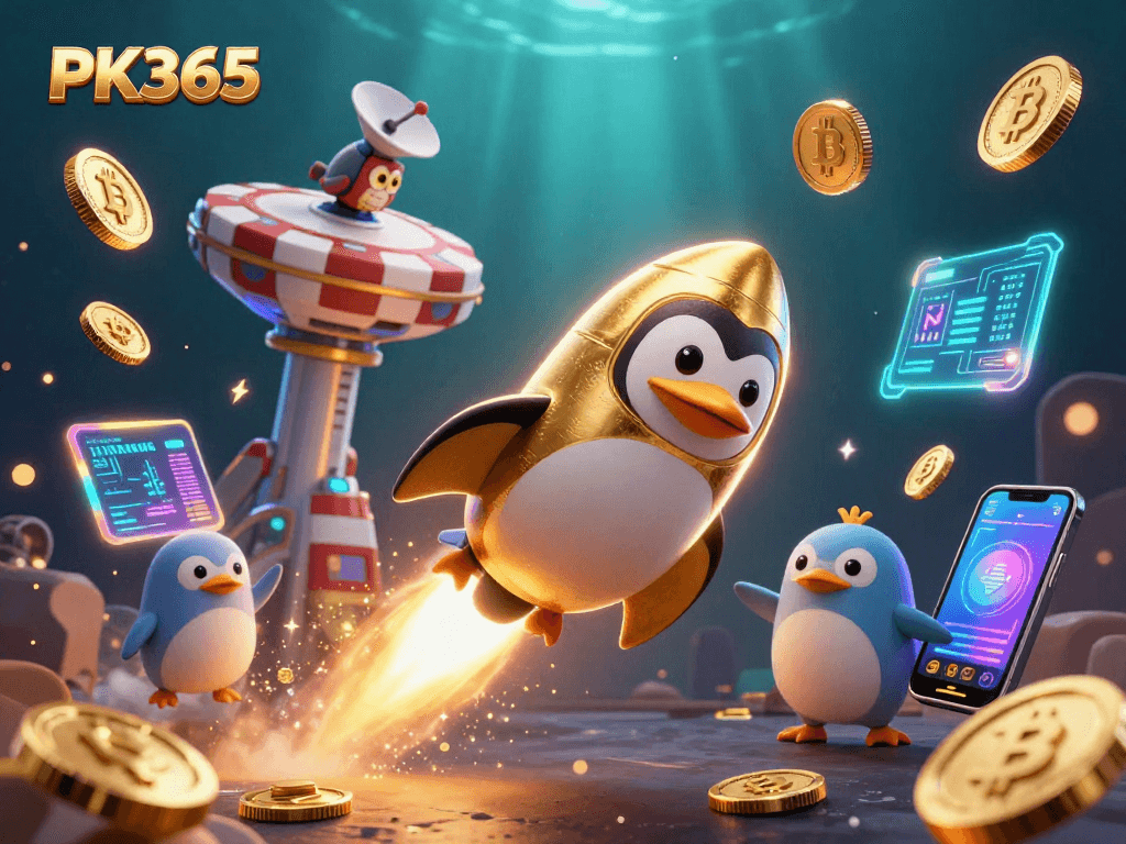 Engage with PK365, enhanced by vibrant 3D graphics showcasing a colorful penguin on a casino rocket.