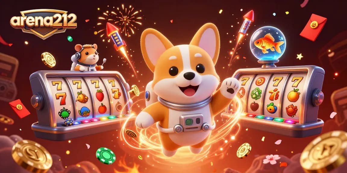 Menangkan jackpot di arena212 dengan corgi astronaut dan elemen permainan slot yang mengelilingi mereka.