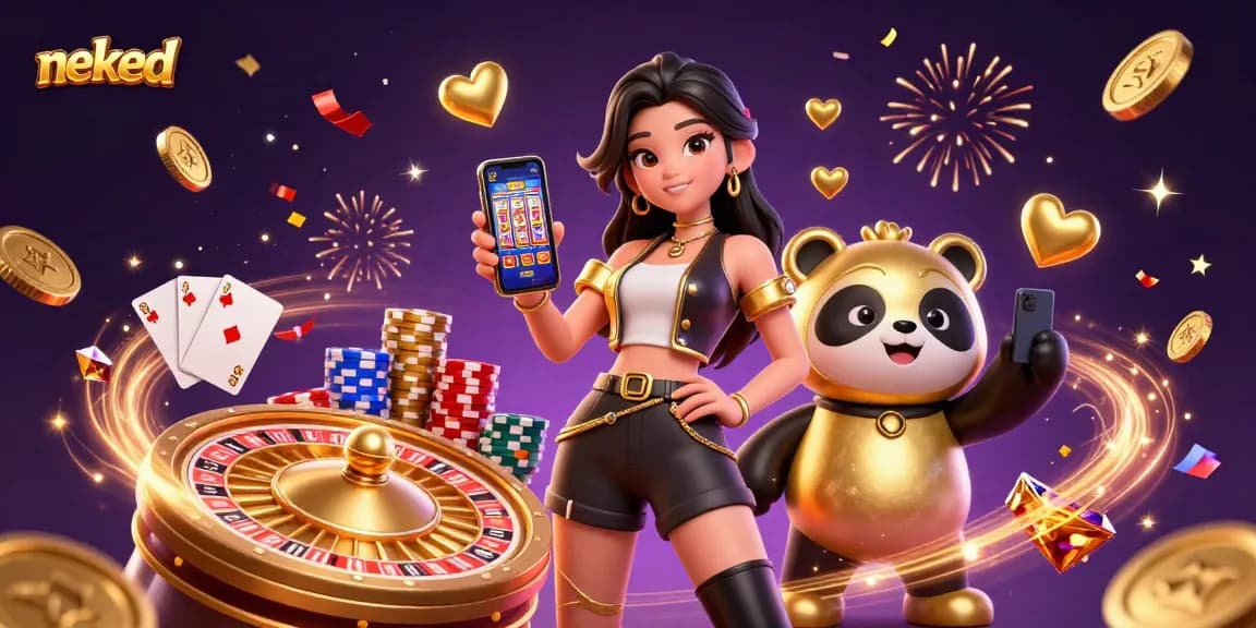 Menang besar dengan permainan slot neked, menampilkan suasana kasino yang cerah dengan koin dan kartu.