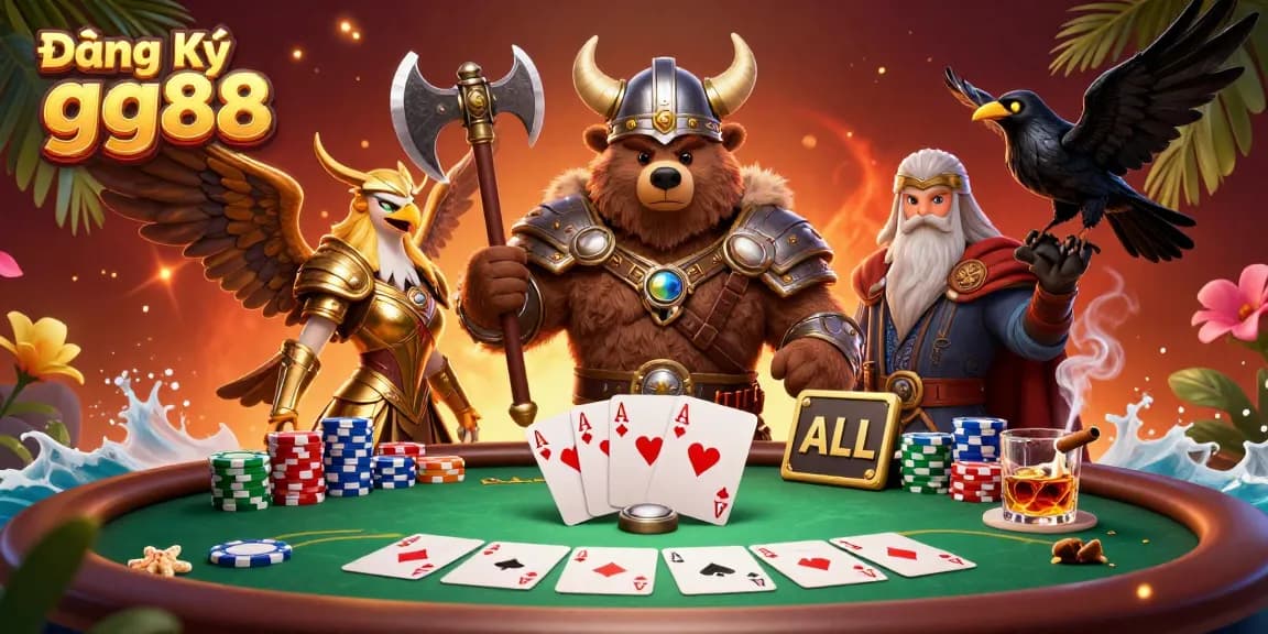 Join the thrilling adventure of Đăng Ký gg88 with a vibrant poker scene featuring vibrant characters and dazzling casino elements.