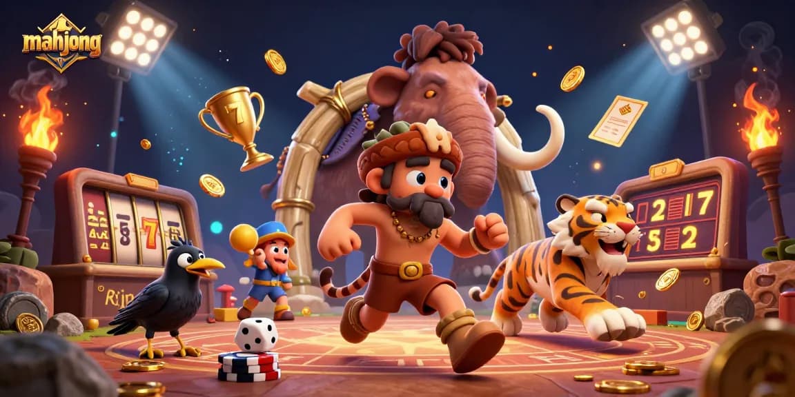 Engage in mahjong excitement with a lively 3D casino scene featuring cavemen and tigers.