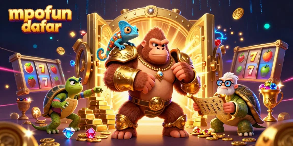 Join the excitement of mpofun daftar as a gorilla king and gambler strategize around golden treasures and slot machines.