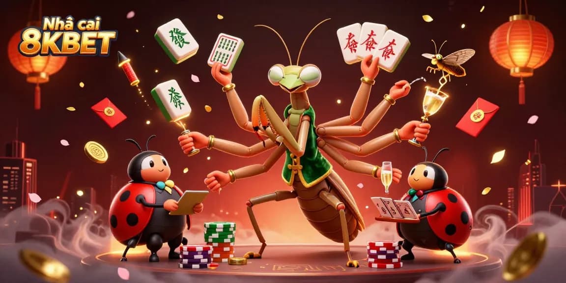 Experience Nhà cái 8KBET's vibrant atmosphere with a lively 3D casino scene featuring games and excitement.