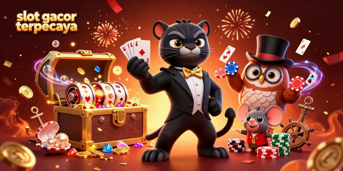 Slot gacor terpercaya dengan panther di tuxedo dan karakter imut di sekitar tumpukan chip permainan.