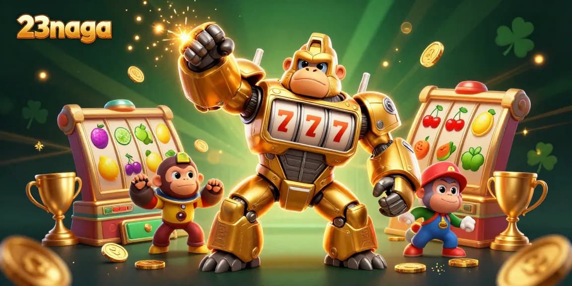 Experience thrilling gameplay with 23naga featuring a golden gorilla mech and vibrant slot symbols.