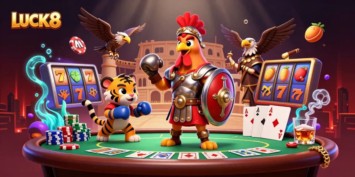 LUCK8 showcases thrilling casino action with a gladiator rooster and poker elements.
