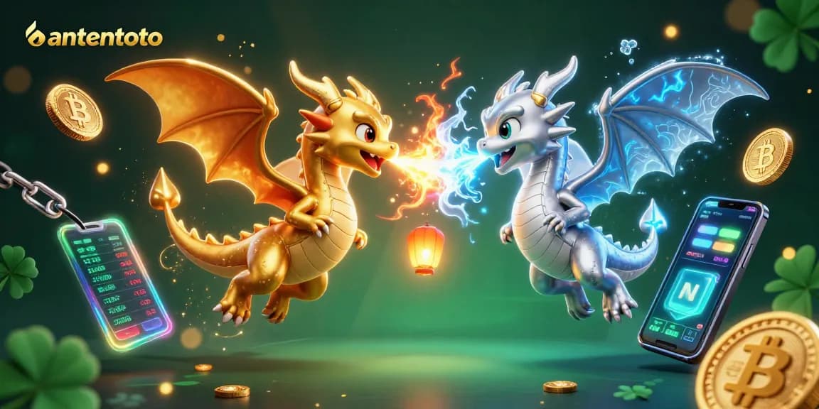 Gambarkan bantentoto dengan naga berwarna emas dan perak yang saling bertarung di kasino digital