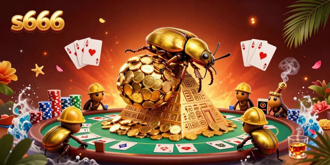 Engage with the vibrant world of s666, showcasing a golden dung beetle triumphantly rolling coins, surrounded by dynamic poker elements.