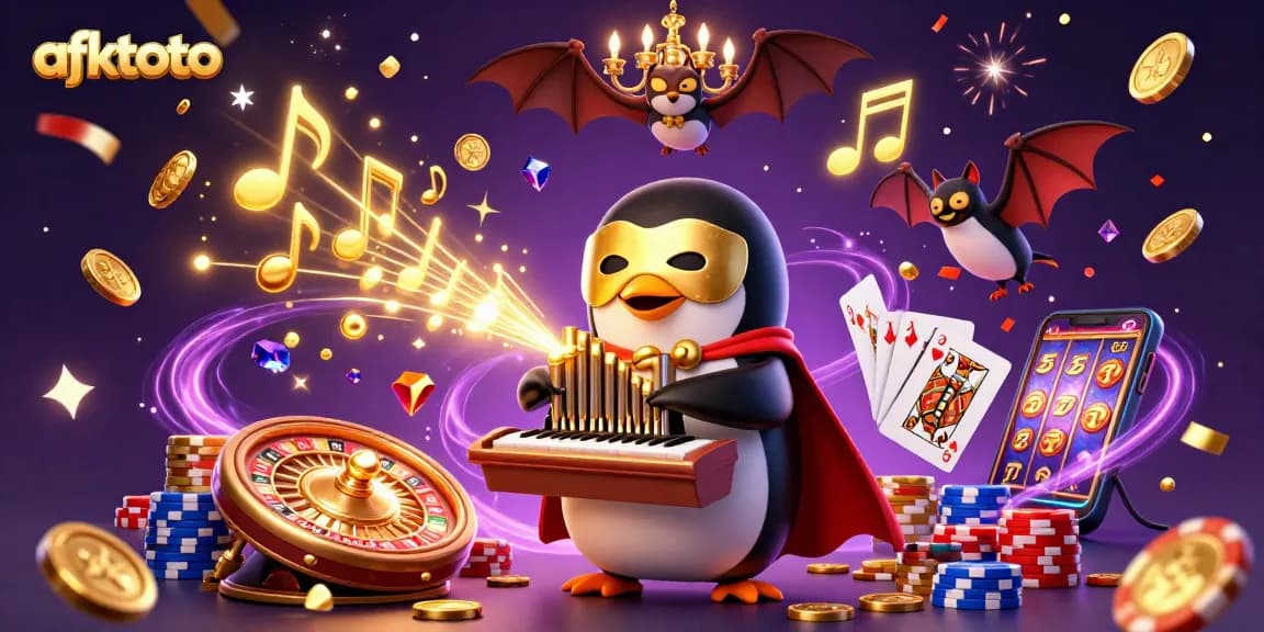 Experience afktoto's thrilling casino magic with a penguin organist, confetti, and golden winnings.