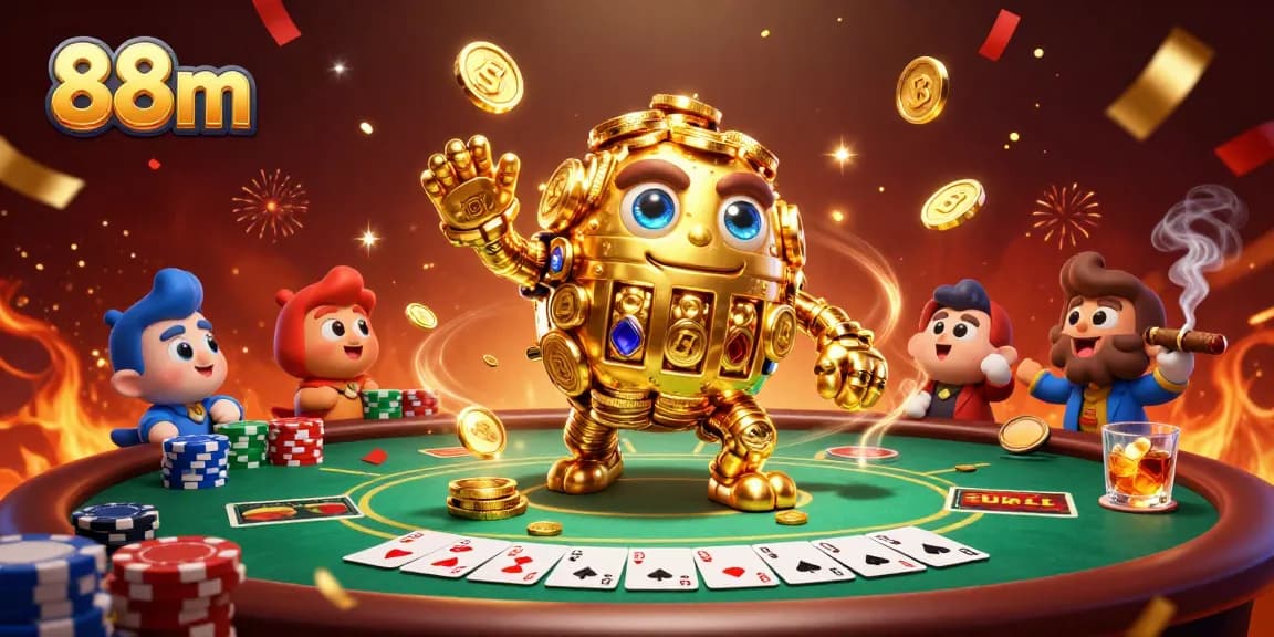 Spin the reels with 88m’s mesmerizing golden golem and vibrant poker scene for epic wins!