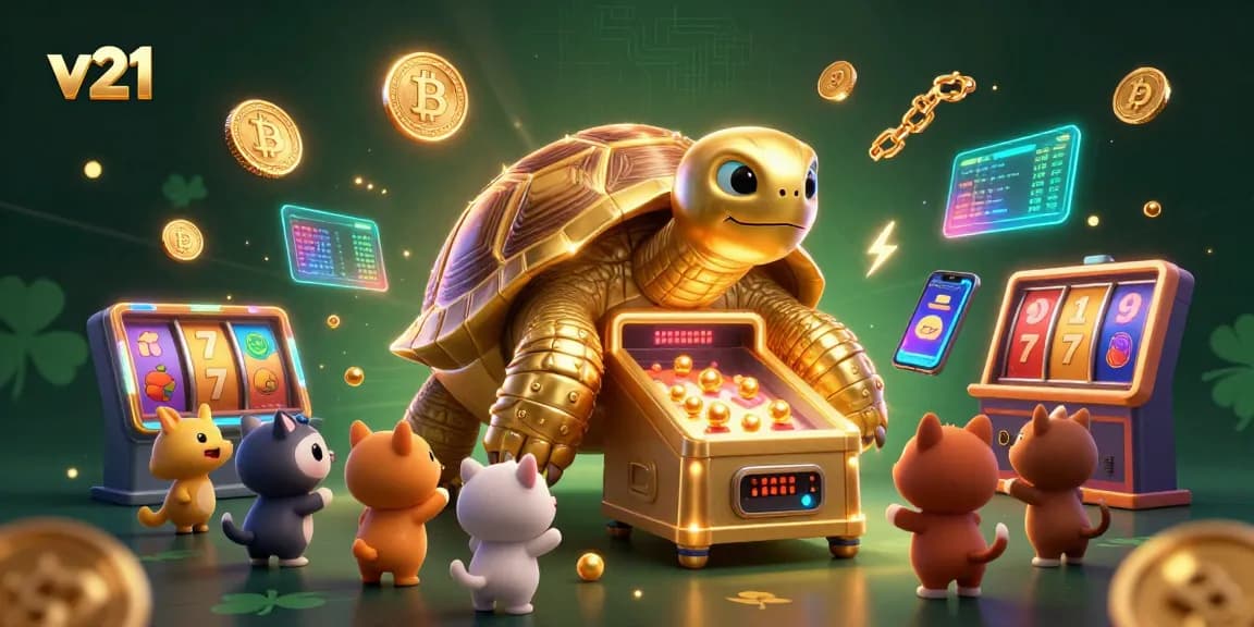 Permainan slot v21 dengan kura-kura emas dan koin cryptocurrency neon menyemarakkan suasana kasino.