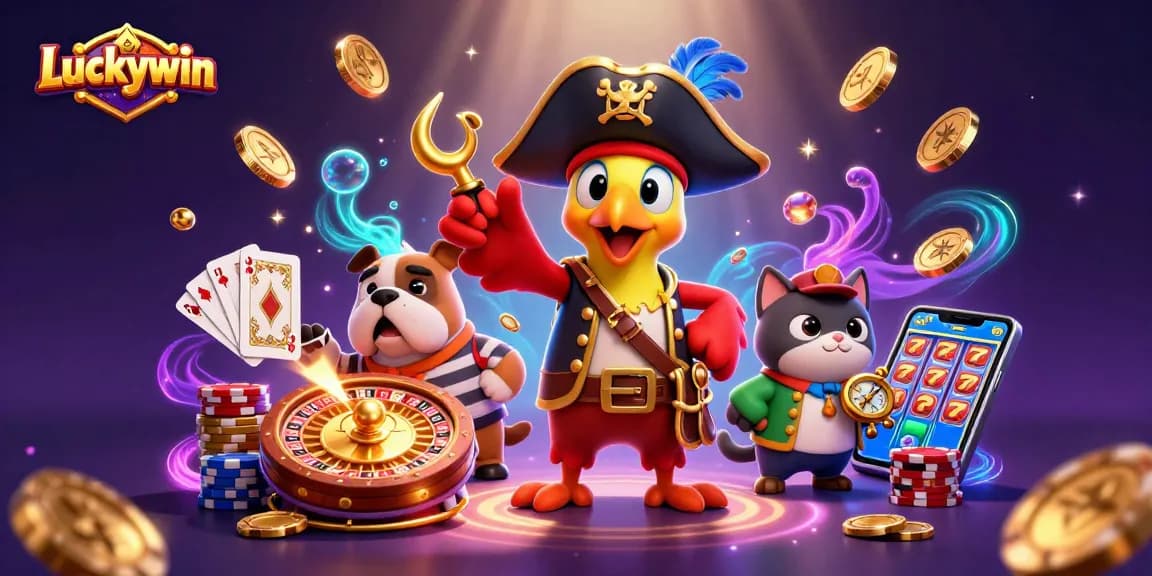 Experience wins with Luckywin in a vibrant casino scene featuring dynamic characters and game elements.