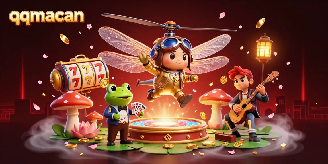 qqmacan offers unique casino experiences with a dragonfly pilot and frog croupier in a vibrant scene.