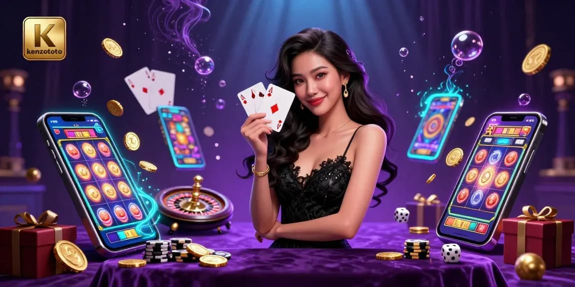 Kenzototo showcases a stunning casino scene with an elegant Asian woman holding face cards, surrounded by exciting slot game elements.