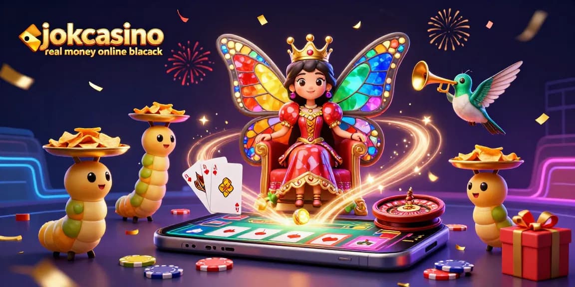 Play exciting blackjack with jokacasino real money online blackjack, surrounded by vibrant casino elements in 3D.