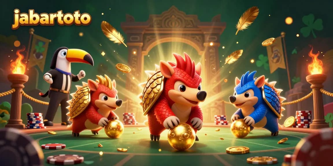 Jabartoto menghadirkan permainan seru dengan pangolin yang beradu bola emas di tumpukan chip poker.