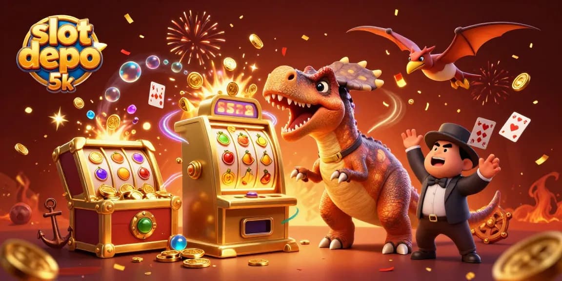 Experience thrilling action with slot depo 5k as a pachycephalosaurus hits a slot machine for coins.