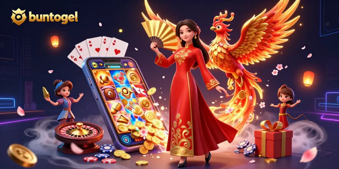 Experience winning gameplay with buntogel as beautiful woman in ao dai and phoenix celebrate together.