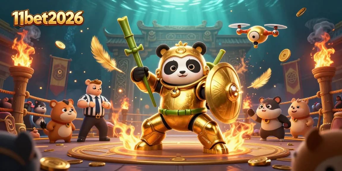 Engage in thrilling battles at 11bet2026, featuring a panda in a mech-suit battling in a vibrant arena.