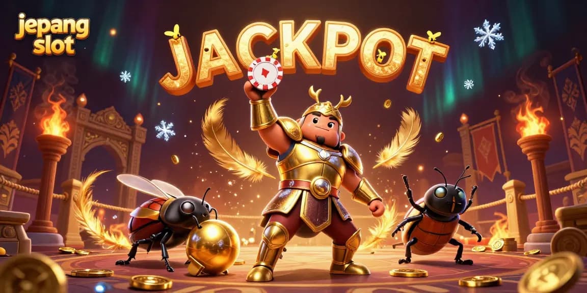 Experience the thrill of jepang slot with a victorious cartoon beetle amidst a dynamic casino scene.