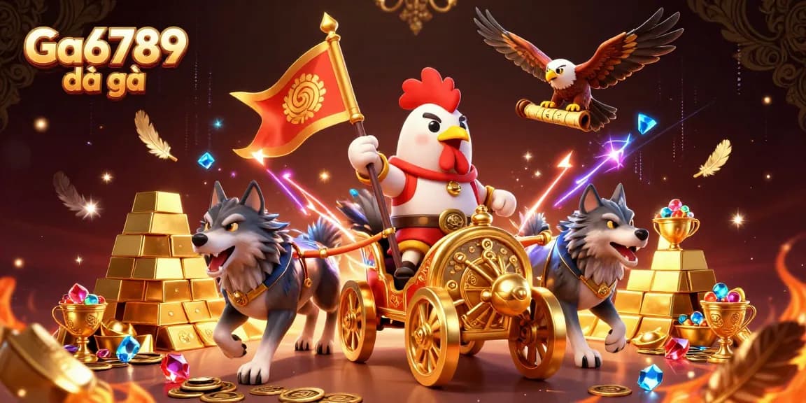 Engage in thrilling Ga6789 đá gà cockfighting action with a dynamic scene featuring a rooster warlord and treasure.