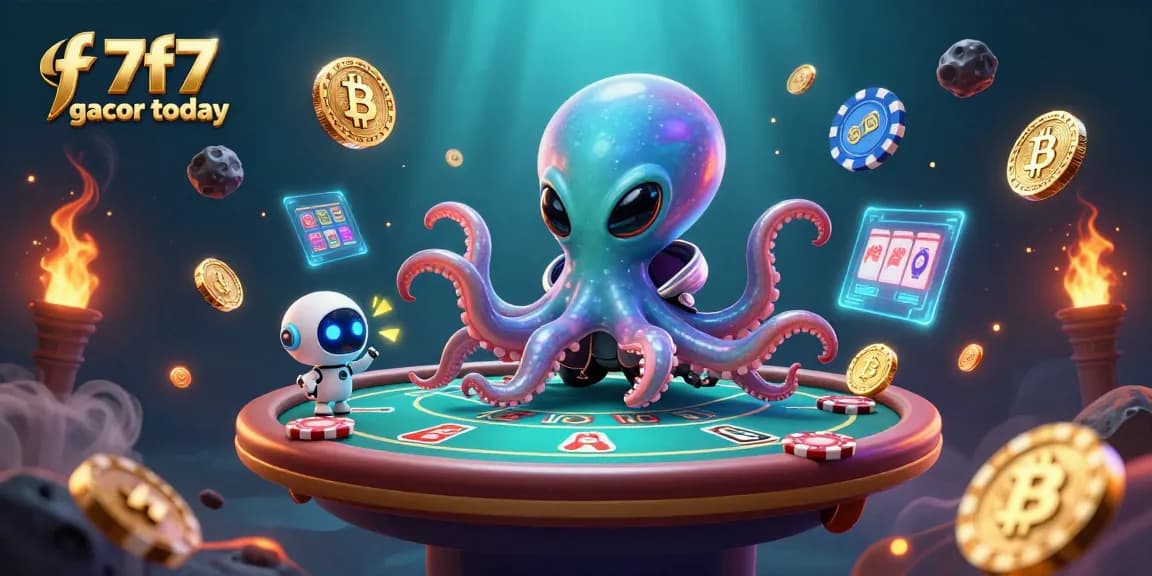 Engage with f7f7 gacor today at a vibrant alien casino, featuring a whimsical octopus dealer and crypto elements.
