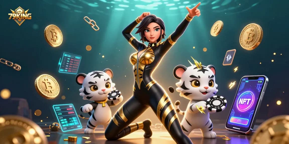 Experience thrilling wins at 79KING as a stunning acrobatic woman plays poker with a baby tiger.