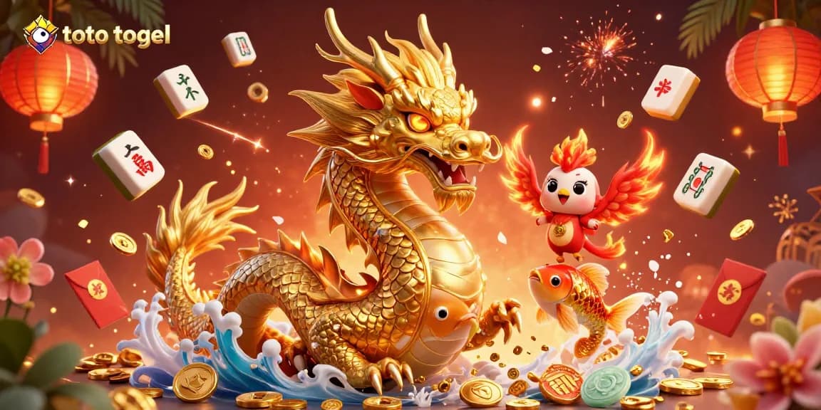 Mainkan toto togel dengan strategi hebat di ilustrasi penuh warna ini, menunjukkan naga emas dan ikan koi.