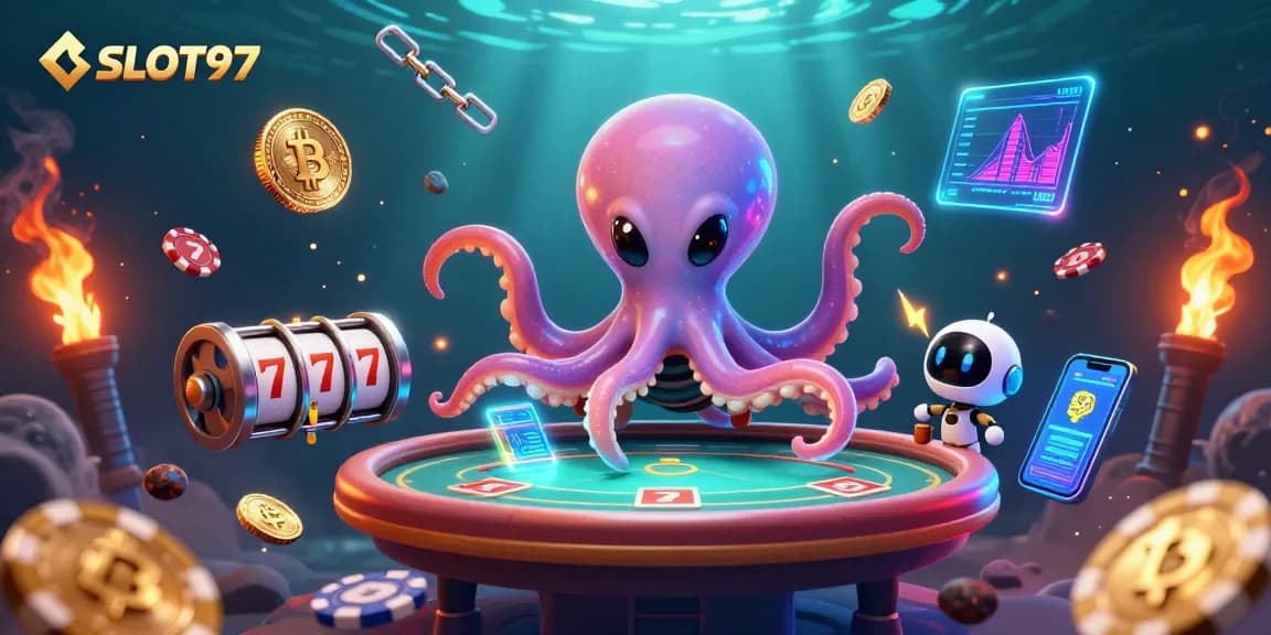SLOT97 showcases an exciting cosmic casino scene with a playful octopus and crypto elements.