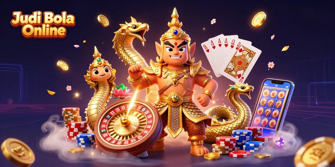 Experience vibrant Judi Bola Online action with a Thai guardian, Naga serpents, and dynamic casino elements.