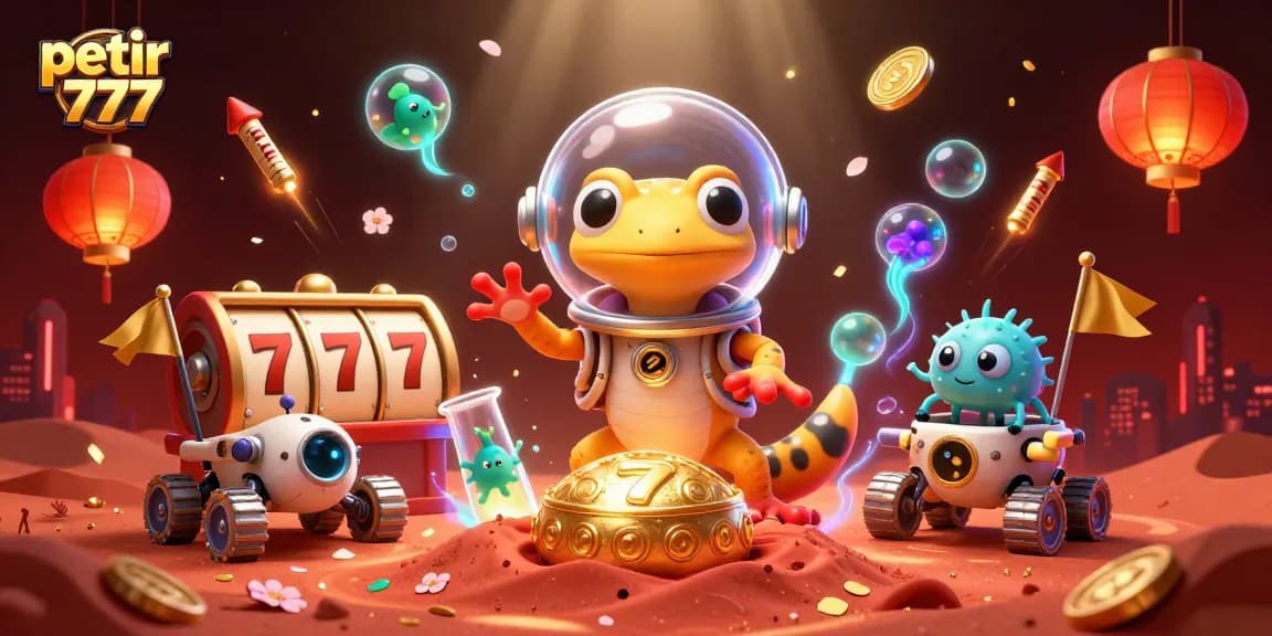 Experience the thrilling atmosphere of petir 777 with a Martian gecko discovering a golden casino amid sparkling animations and vibrant colors.