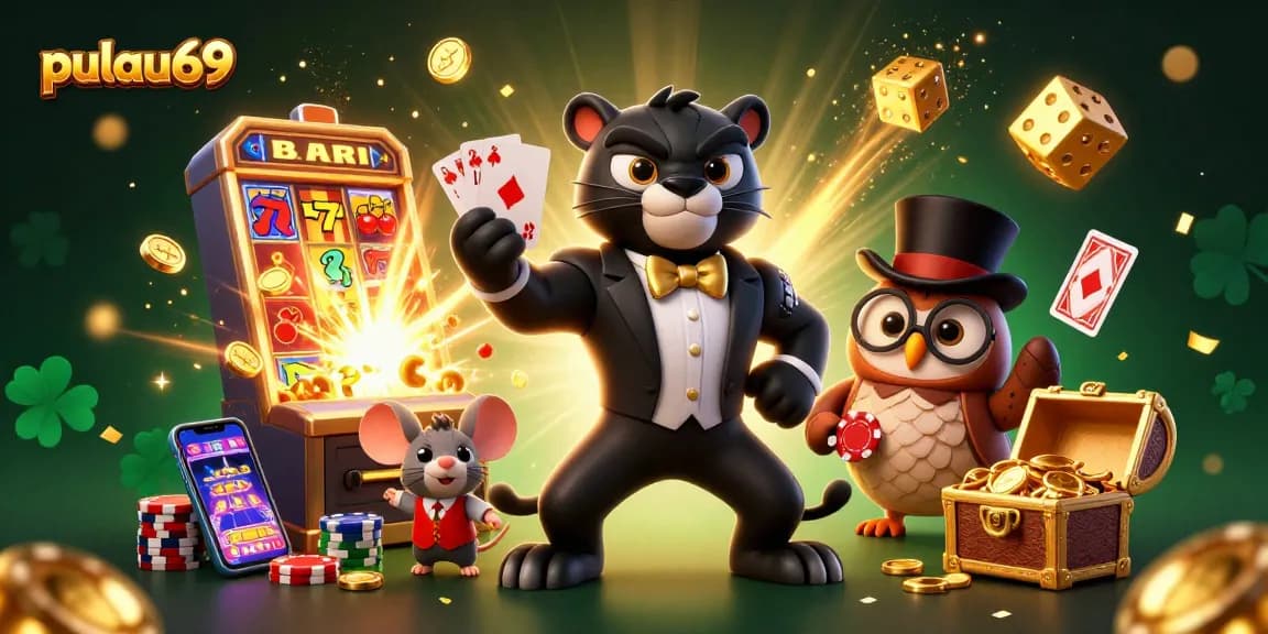 Join the action at pulau69 with a stylish panther dealer, poker chips, and jackpot excitement!