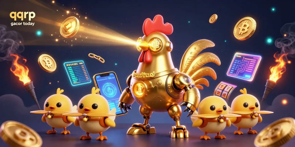 Experience the excitement of qqrp gacor today with a futuristic golden rooster robot in a dynamic casino scene.