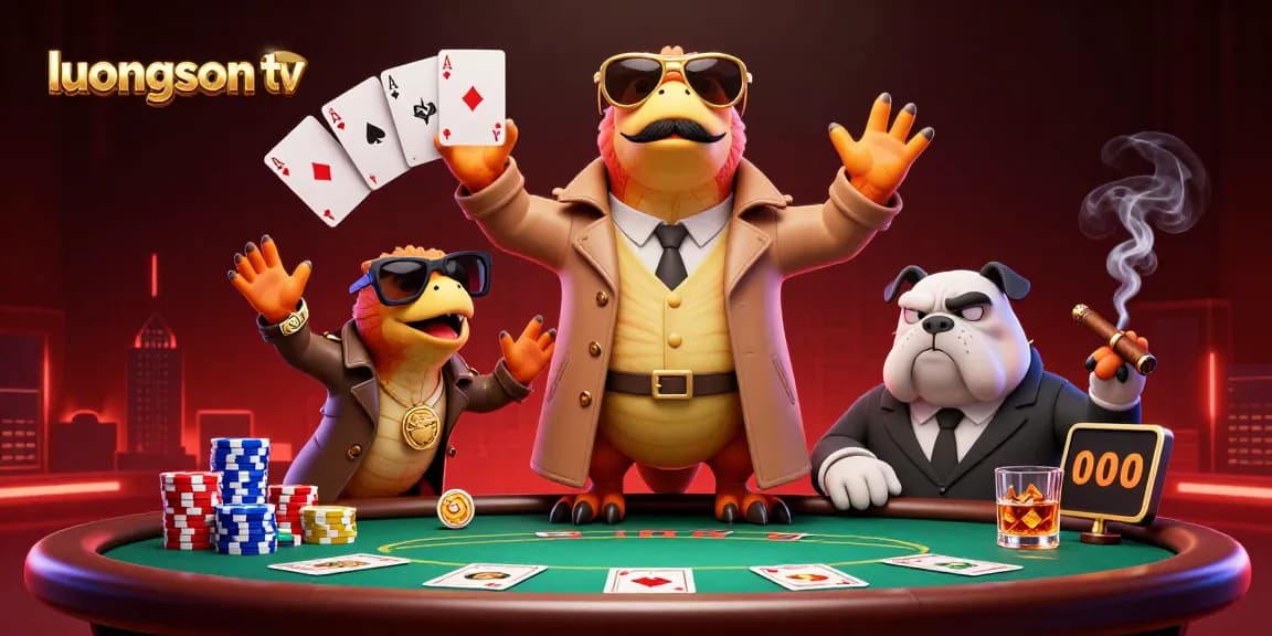 Experience engaging poker action with luongson tv's vibrant raptor cartoon in a thrilling casino scene.