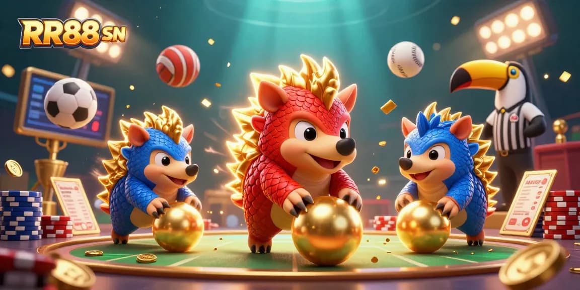Engage with RR88 SN's dynamic online gaming world, featuring competitive pangolins amidst sports elements.