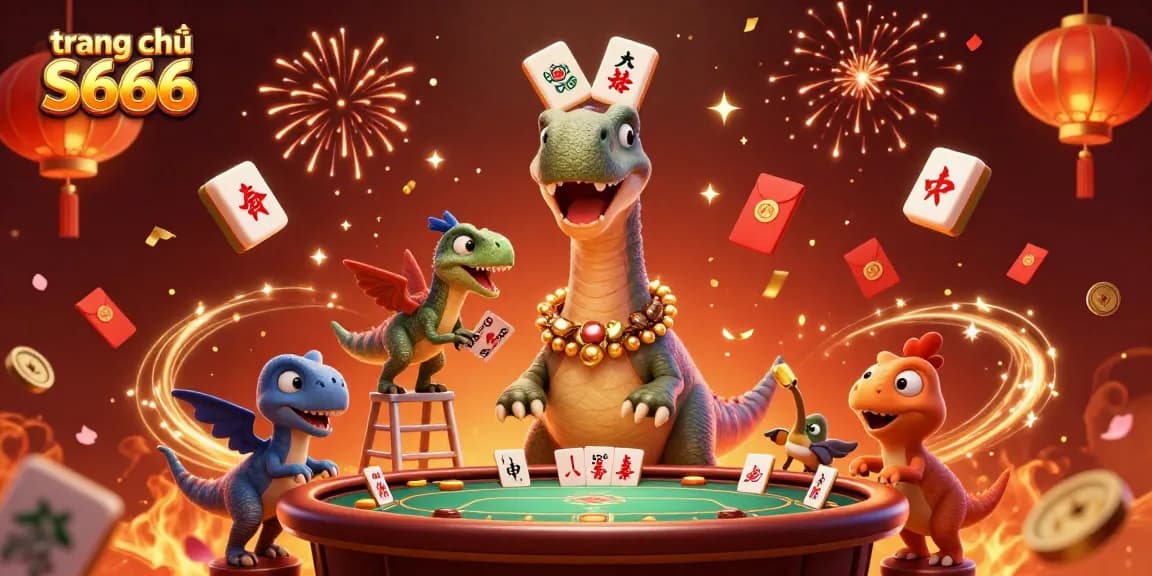 Experience the energetic scene of trang chủ S666 featuring a playful brontosaurus with a raptor dealer while celebrating with casino elements.