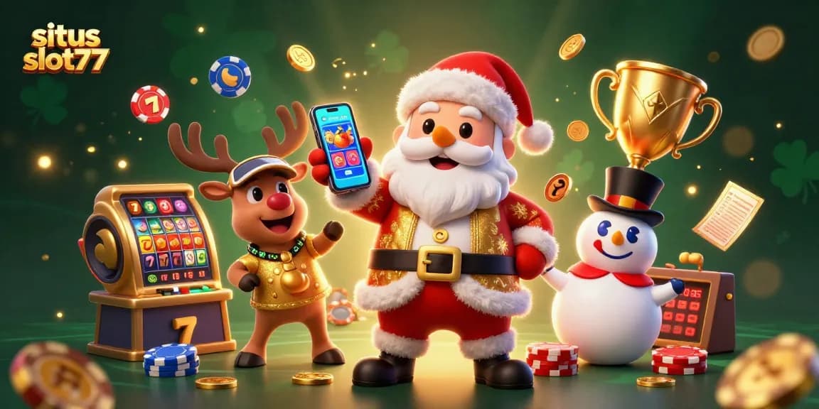 Situs slot777 jackpot illustration with Santa Claus, reindeer dealer, and poker chip snowman in a vibrant casino scene.