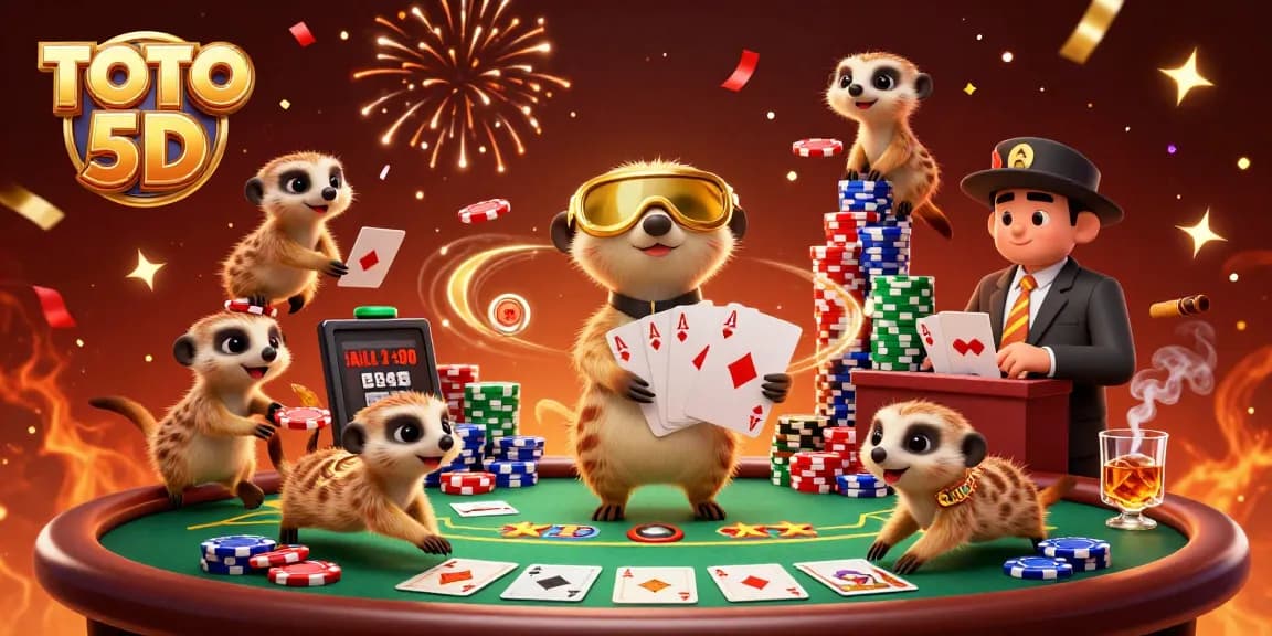 TOTO 5D melibatkan koloni meerkat bermain poker secara kreatif dalam ilustrasi 3D yang meriah.