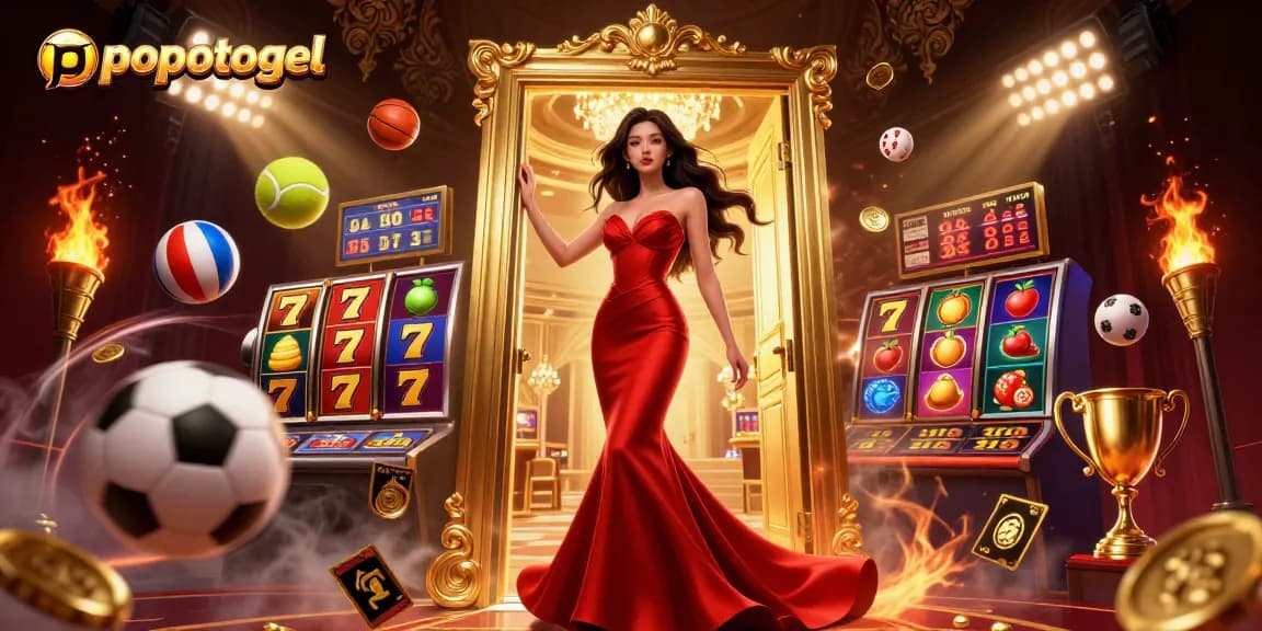 Engage with popotogel in an opulent casino scene featuring vibrant slot machine elements and sports betting action.