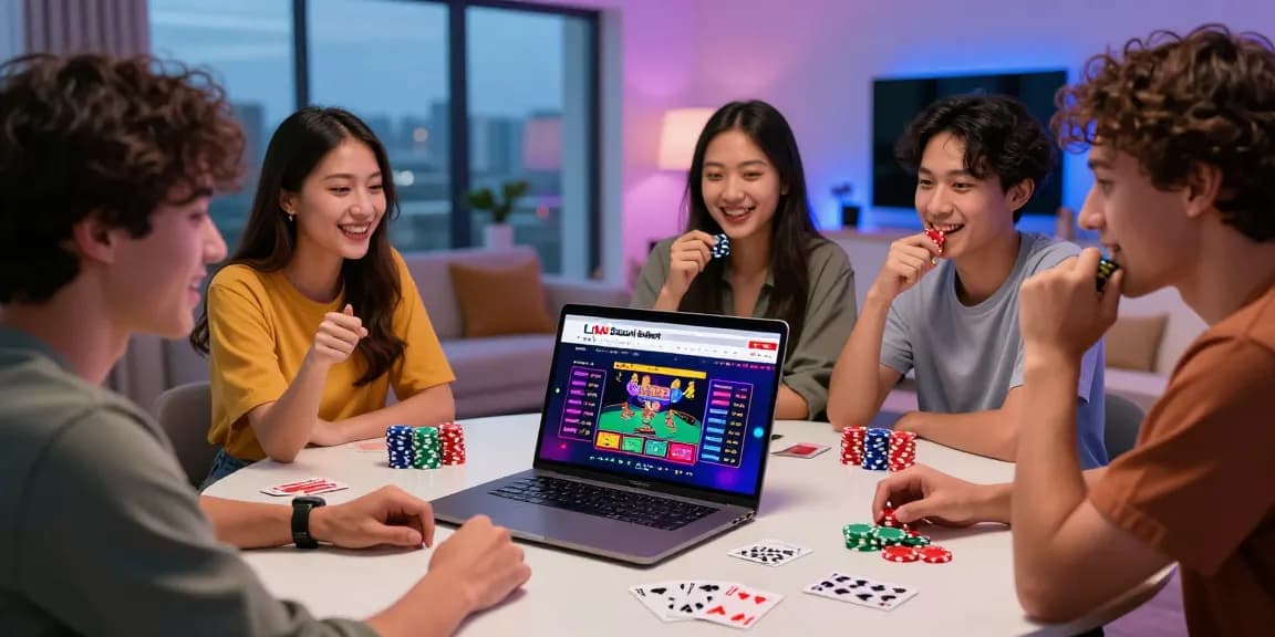 Friends enjoying online betting on Link Resmi Sbobet Dewacash in a lively living room setting.