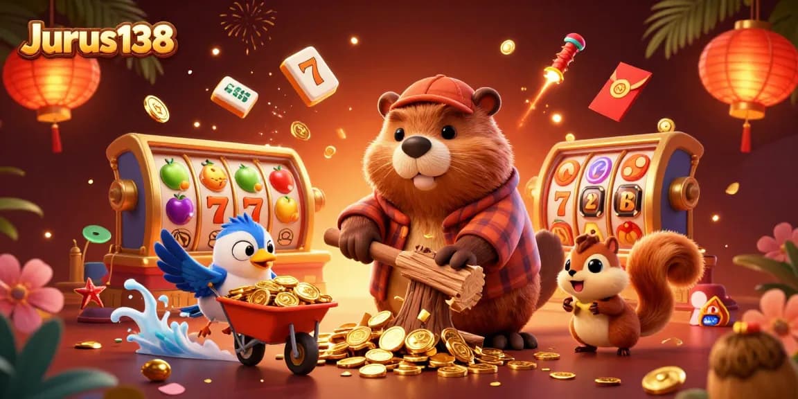 Jurus138 offers a vibrant scene with characters playing slots and collecting gold coins.