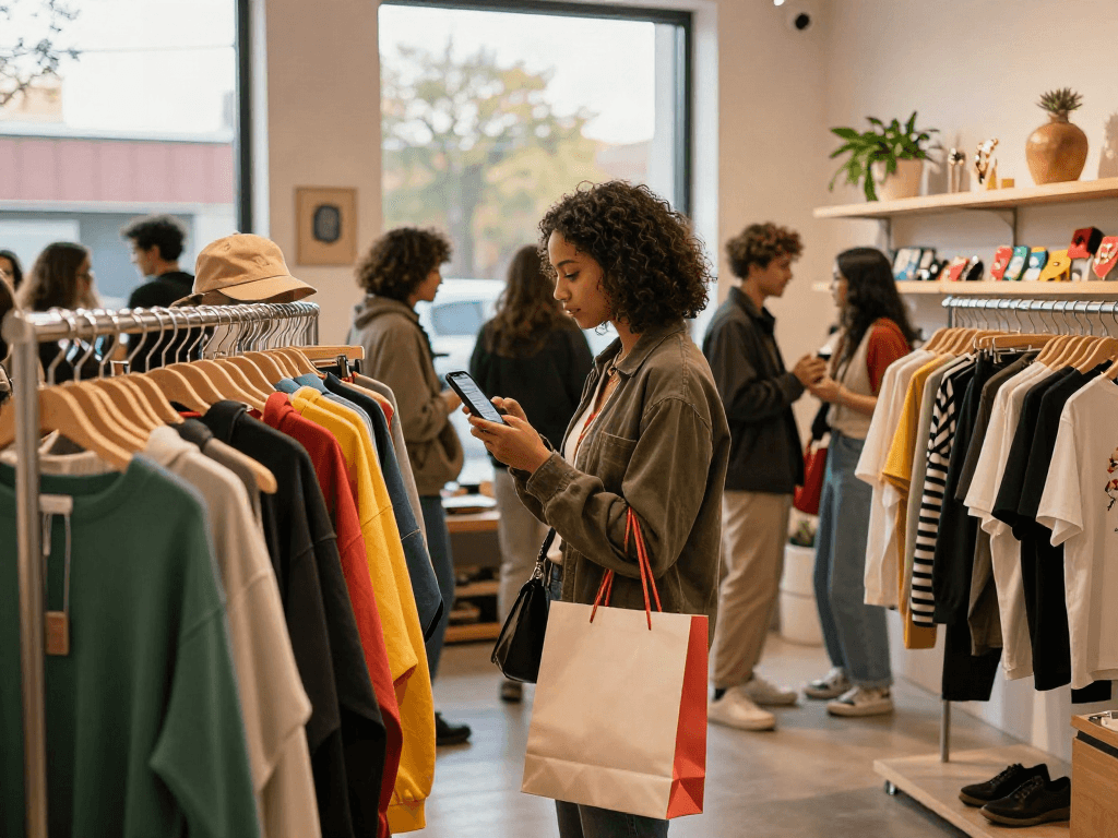 Individual exploring trendy boutique with products related to bro138 in vibrant urban setting.