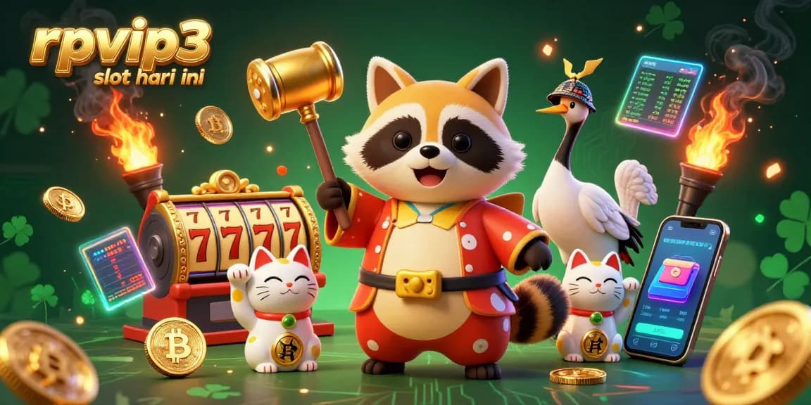 Play rpvip3 slot hari ini in this vibrant 3D cartoon casino scene featuring colorful characters and coins.