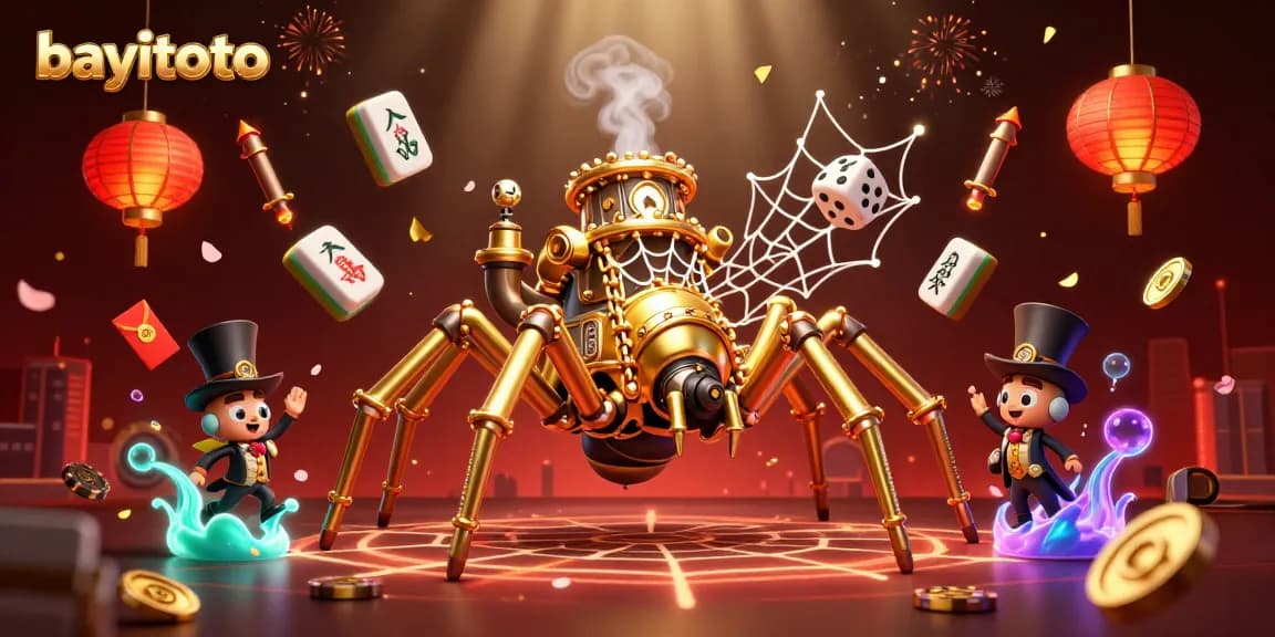 bayitoto captivates players with a 3D illustration showcasing a golden spider web and gaming elements.