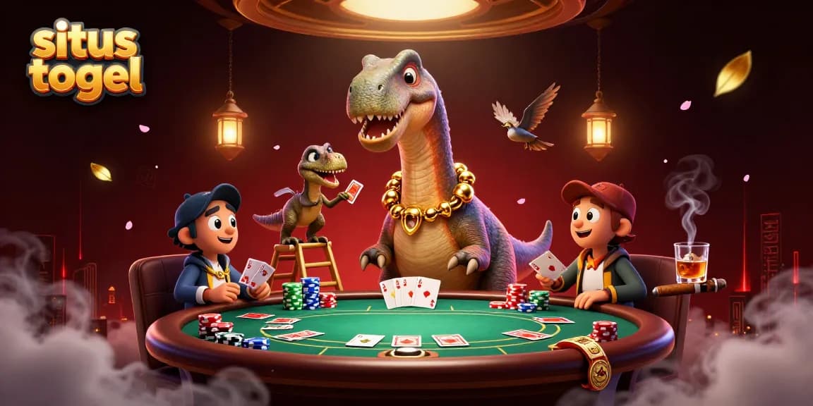Engage with situs togel as a 3D brontosaurus watches over a vibrant poker game setup.