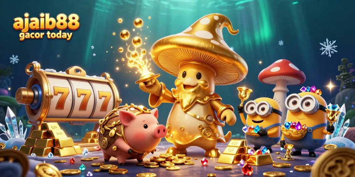 Ajaib88 gacor today reveals a magical gaming scene filled with treasures, slot reels, and enchanting characters.