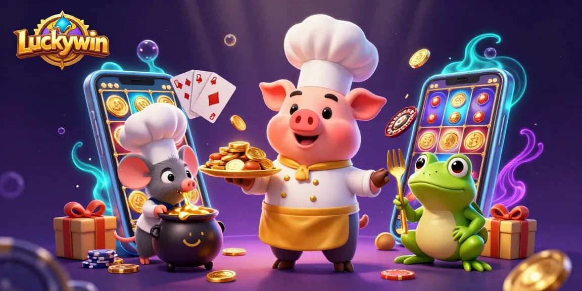 Experience Luckywin's vibrant casino games surrounded by whimsical characters, celebrating with coins and joy.