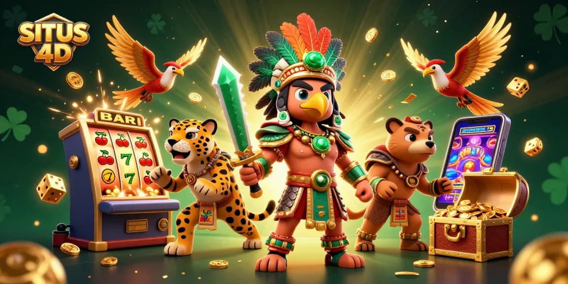 Gambarkan aksi taruhan menarik di SITUS 4D dengan mesin slot jackpot yang mengeluarkan koin berkilau.