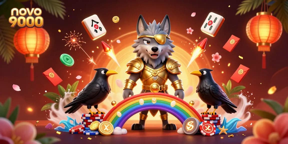 Engage with novo 9000 through this dynamic illustration of Odin and his ravens amidst a vibrant casino-themed scene.